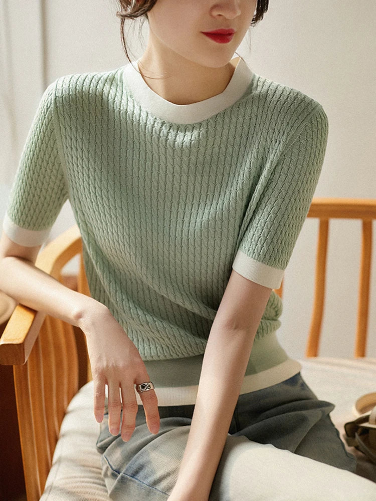 Zomerse Nieuwe Korte Mouw T-shirt Vrouwen O-hals Contrast Kleur