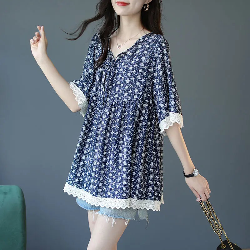 Zomer Nieuwe Dames Losse V-Hals Bedrukte Casual Shirts