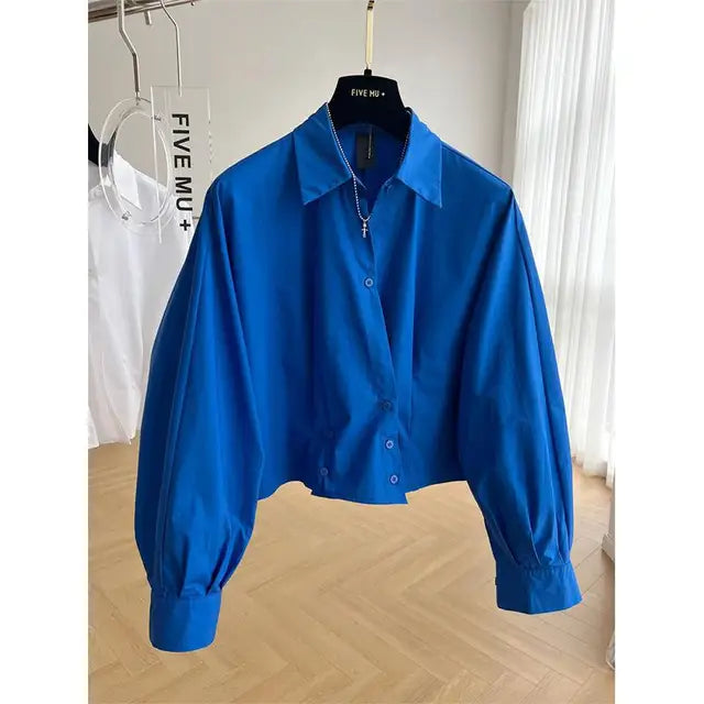 Design Sense Blauw Lange Mouwen Kort Shirt Dames Lente/Zome