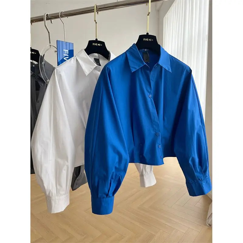 Design Sense Blauw Lange Mouwen Kort Shirt Dames Lente/Zome