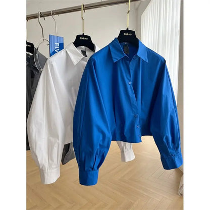 Design Sense Blauw Lange Mouwen Kort Shirt Dames Lente/Zome