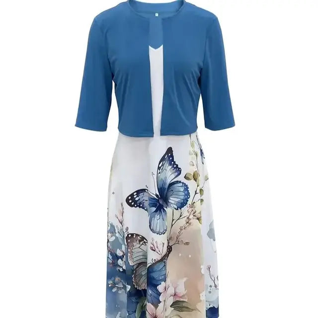 Fleur de Vivre Lange Jurk Twee Delen Bloemen- en Grasprint Ronde Hals