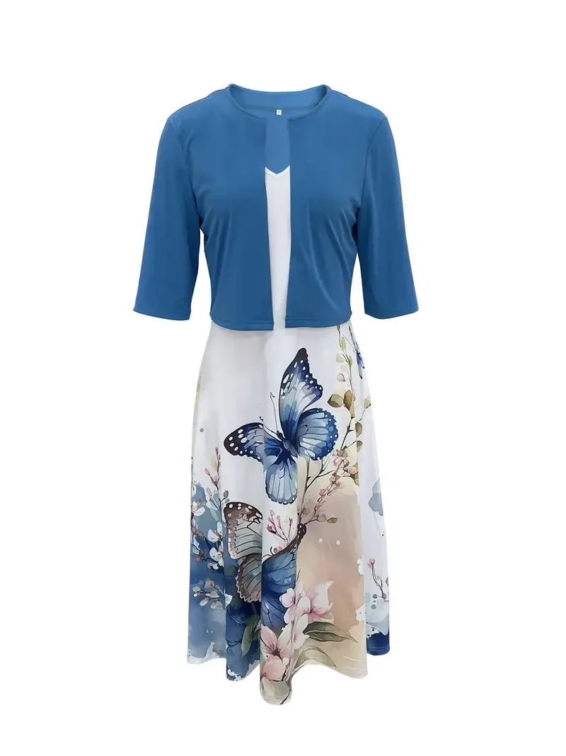 Fleur de Vivre Lange Jurk Twee Delen Bloemen- en Grasprint Ronde Hals