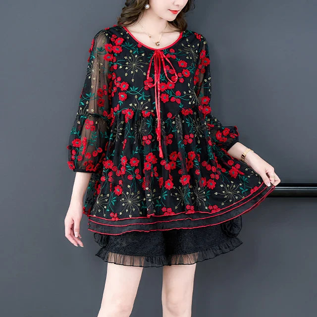 Voorjaar en Zomer Bloemen Mesh Top voor Vrouwen