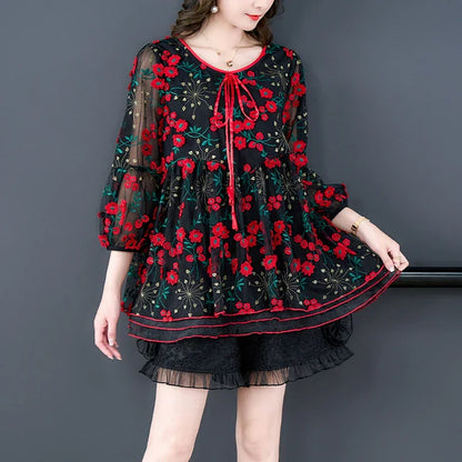 Voorjaar en Zomer Bloemen Mesh Top voor Vrouwen