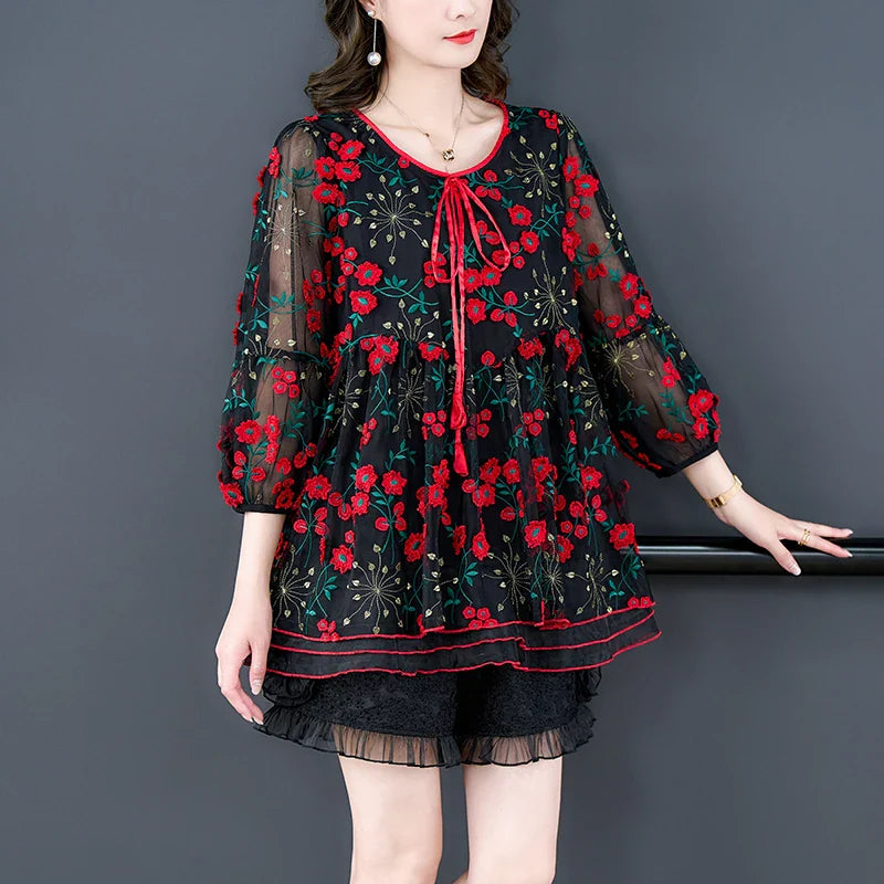 Voorjaar en Zomer Bloemen Mesh Top voor Vrouwen