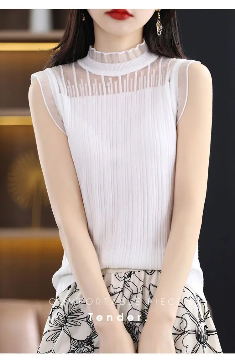 Miastra Collection Wooden Ear Collar Sleeveless T-Shirt