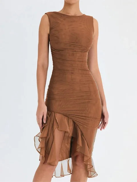 Zomerse Ruches Mouwloze Midi Jurk voor Stijlvolle Dames