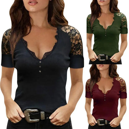 Eleganza Moda V-Hals Kanten T-Shirt