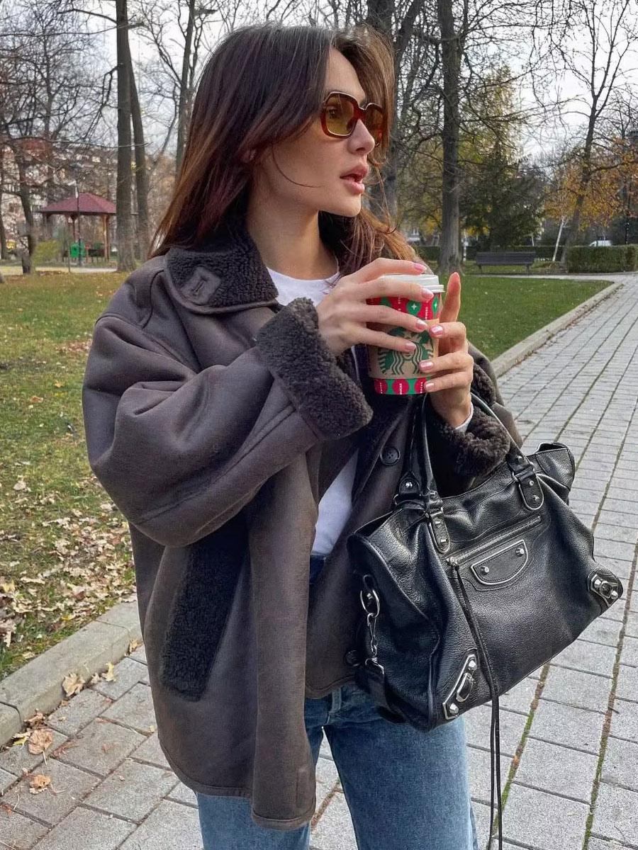 Dames Pilotenjas Oversized met Teddy Voering en Knopen