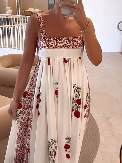 Boho Maxi Jurk Met Schouderbanden Bloemig Empire Model