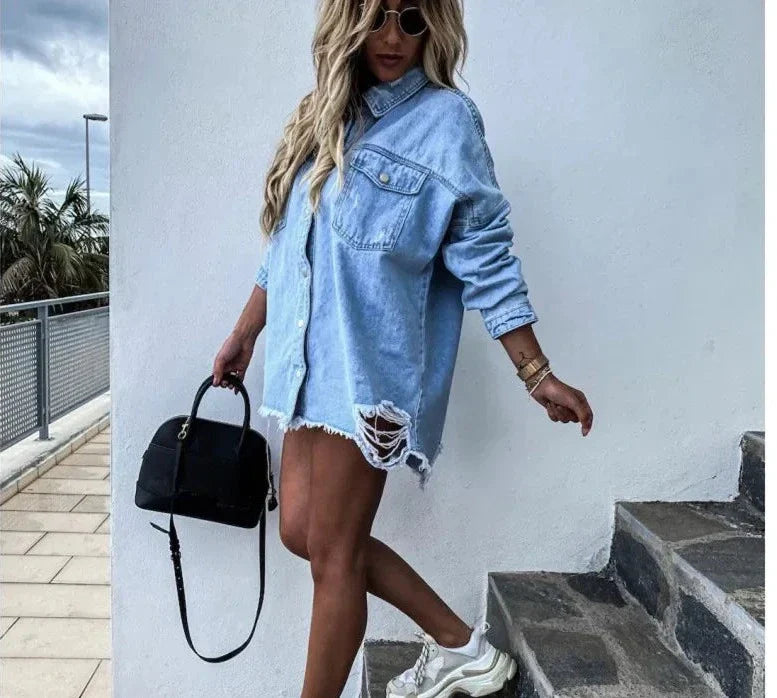 Denim Delight Mode Ripped Denim Shirt