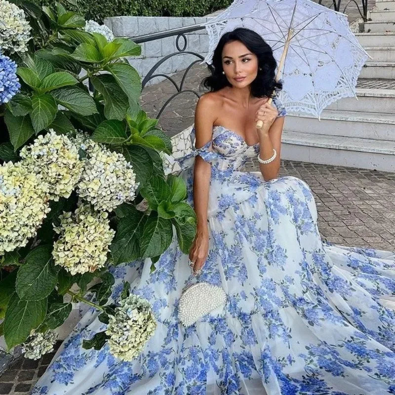 Blauwe Bloemenjurk Avondjurk Zonder Mouwen Elegant - Mode Vibes