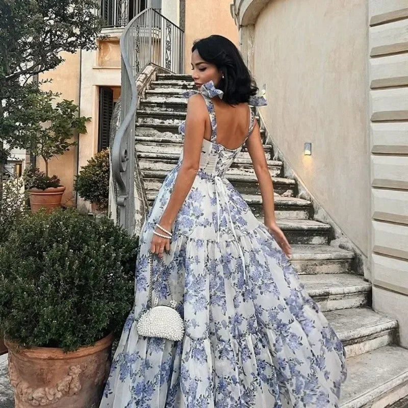 Blauwe Bloemenjurk Avondjurk Zonder Mouwen Elegant