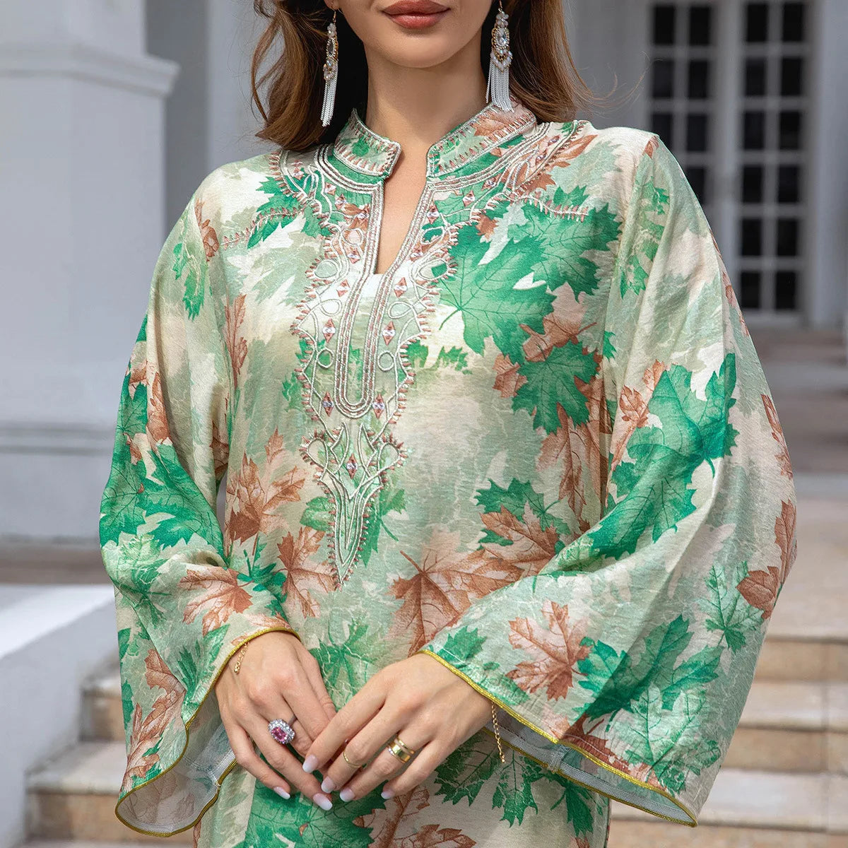 PrachtMode Lente V-Hals Geborduurde Lange Mouw Abaya
