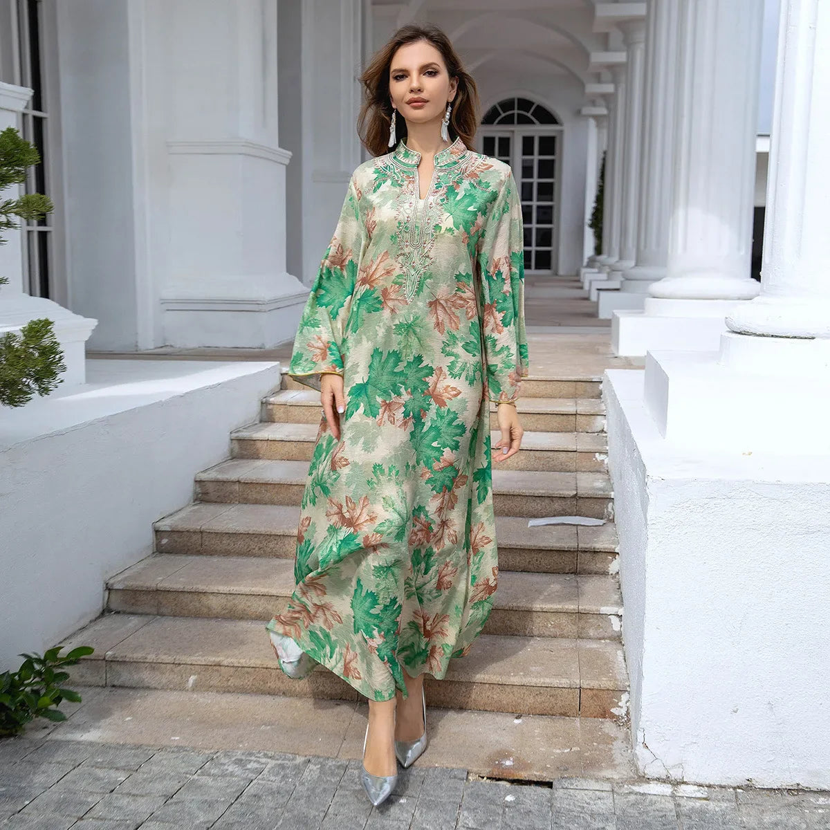 PrachtMode Lente V-Hals Geborduurde Lange Mouw Abaya