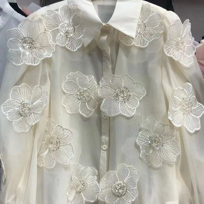 Verleidelijke Mesh Blouse met Pailletten en Bloemen