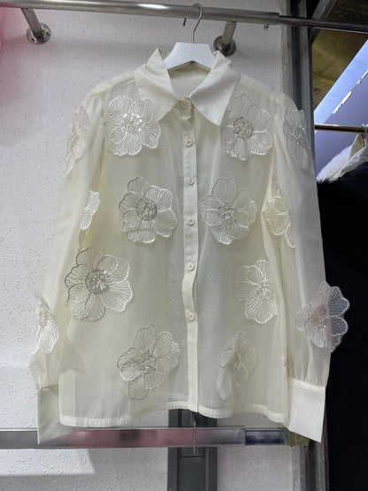 Verleidelijke Mesh Blouse met Pailletten en Bloemen