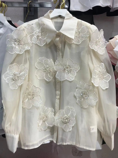 Verleidelijke Mesh Blouse met Pailletten en Bloemen