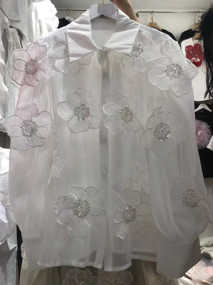 Verleidelijke Mesh Blouse met Pailletten en Bloemen