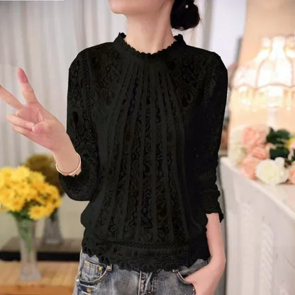 Zomer Dames Chiffon Blouse met Lange Mouwen en Kant