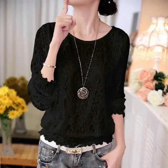 Zomer Dames Chiffon Blouse met Lange Mouwen en Kant