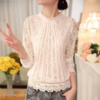 Zomer Dames Chiffon Blouse met Lange Mouwen en Kant