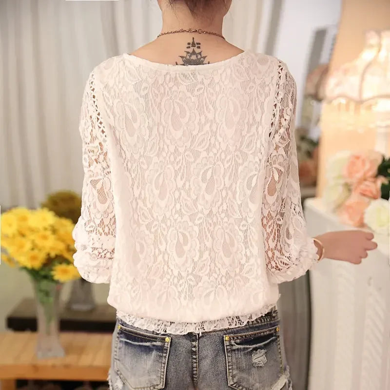 Zomer Dames Chiffon Blouse met Lange Mouwen en Kant