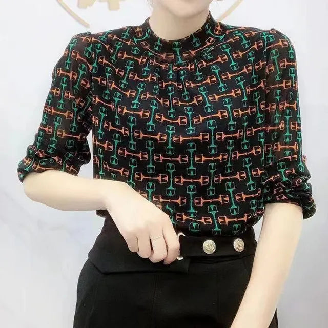 Voorjaarsmode: Plaid Fashion Printed T-shirt met Halfhoge Kraag