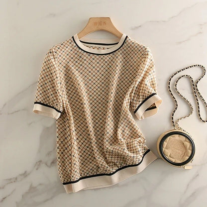 Zomerse Checkered Printed IJs Zijde T-Shirt voor Vrouwen