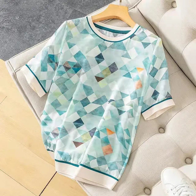 Zomerse Checkered Printed IJs Zijde T-Shirt voor Vrouwen