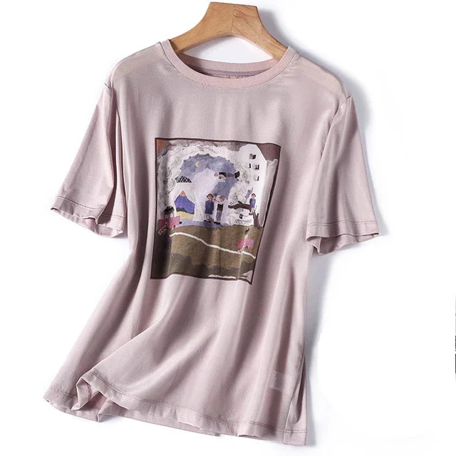 Zomerse Checkered Printed IJs Zijde T-Shirt voor Vrouwen