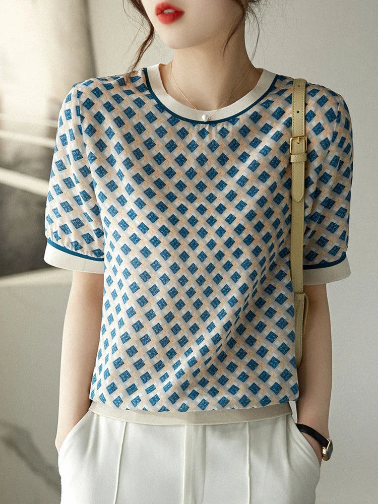 Zomerse Checkered Printed IJs Zijde T-Shirt voor Vrouwen