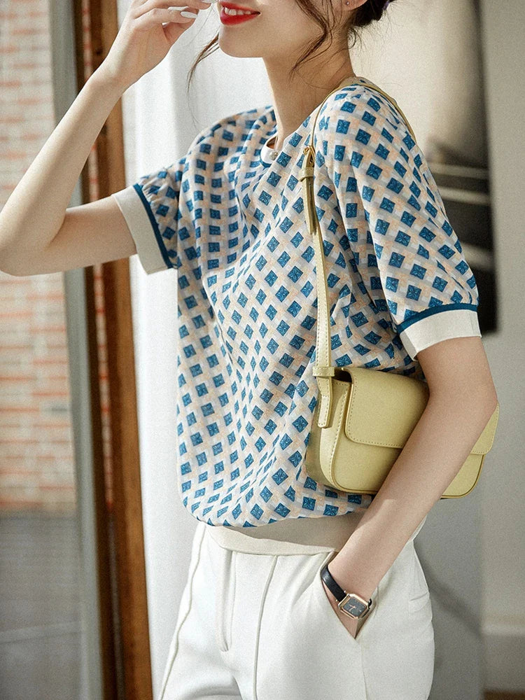 Zomerse Checkered Printed IJs Zijde T-Shirt voor Vrouwen