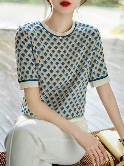 Zomerse Checkered Printed IJs Zijde T-Shirt voor Vrouwen