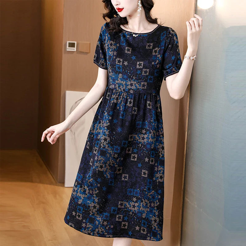 Stijlvolle Bries Zijde Satijn Zomerjurk met Vintage Print