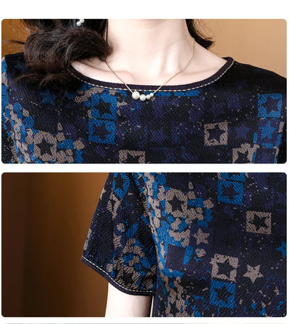 Stijlvolle Bries Zijde Satijn Zomerjurk met Vintage Print