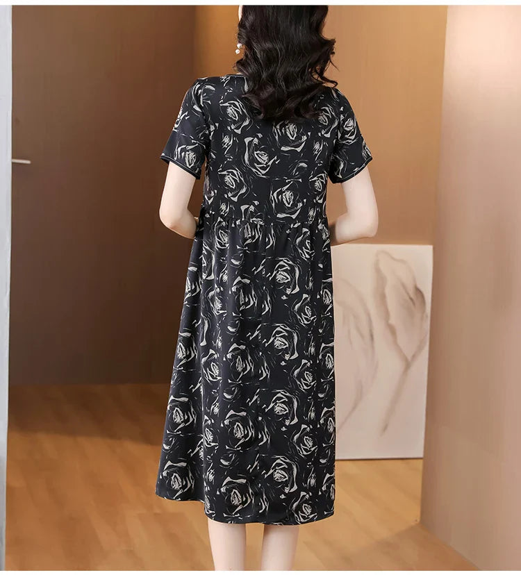 Chique Chic Zomerse Zijde Satijnen Jurk met Bloemenprint