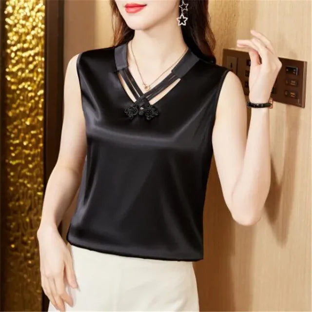 Zomer Satijnen Blouse - Stijlvolle Mouwloze Top voor Dames