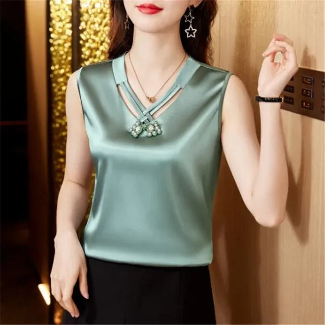 Zomer Satijnen Blouse - Stijlvolle Mouwloze Top voor Dames