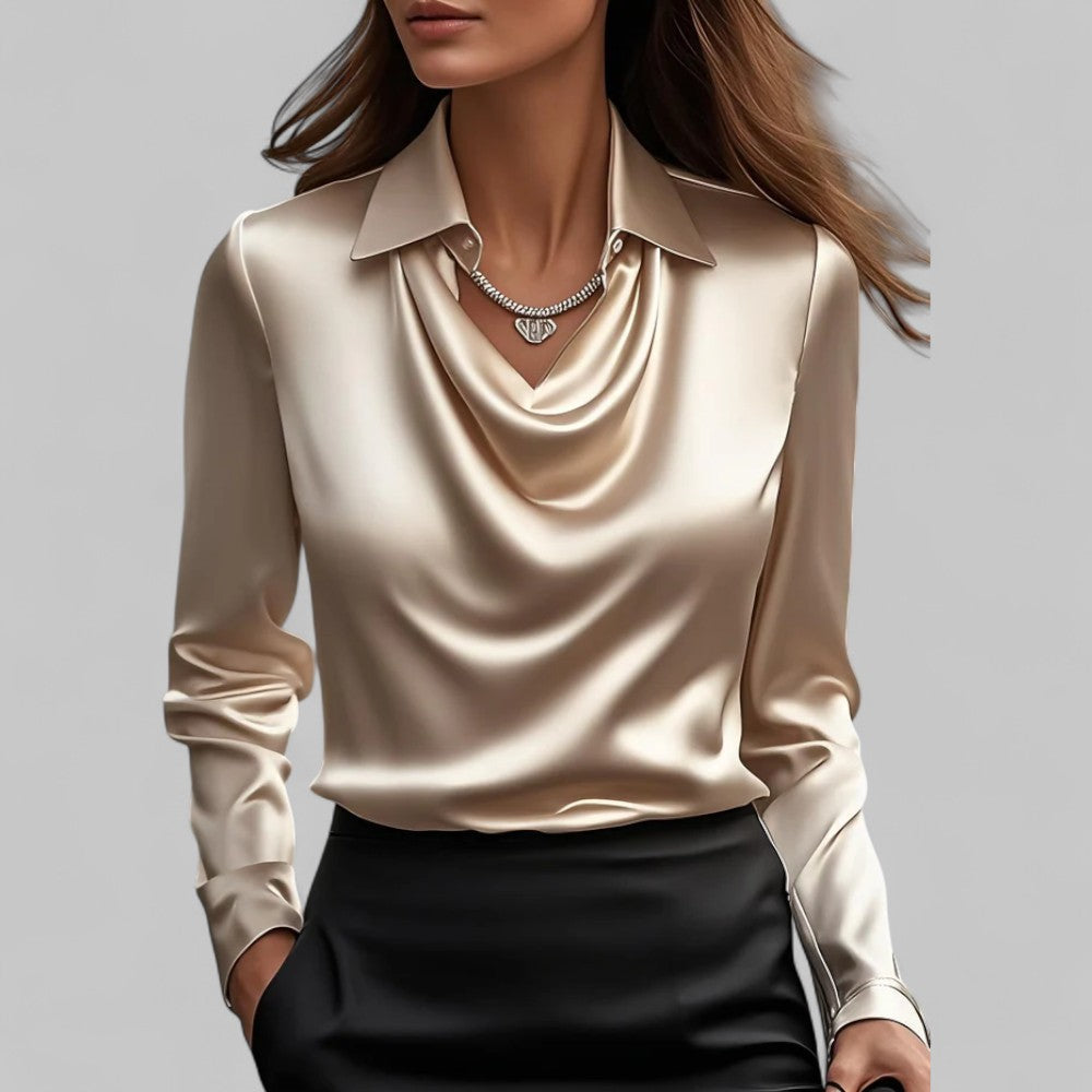 Isla Blouse met Gedrapeerde Hals – Dames Blouse met Lange Mouwen