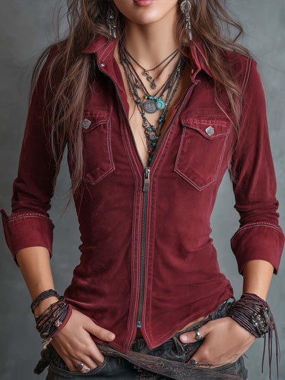 Vintage Zip-up Denim Shirt met Flapzakken