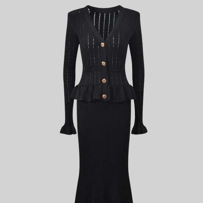 Dames Tweedelige Set Lange Rok en Vest Met Knopen Franse Stijl