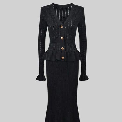 Dames Tweedelige Set Lange Rok en Vest Met Knopen Franse Stijl