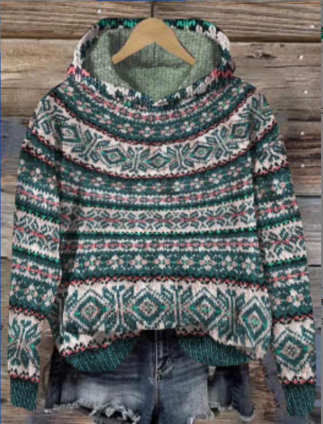 Dames gebreide hoodie met Noors patroon – Zachte warme trui met capuchon