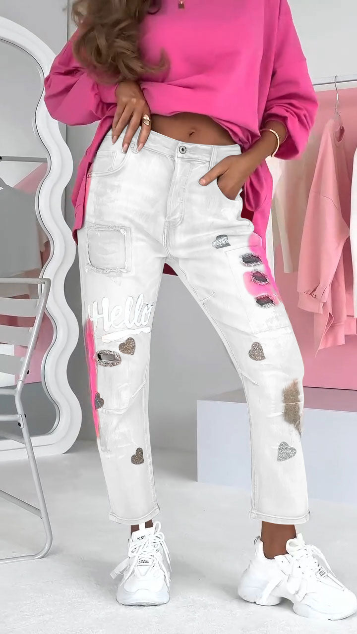 Damesjeans Graffiti Print Trendy Jeans voor Vrouw