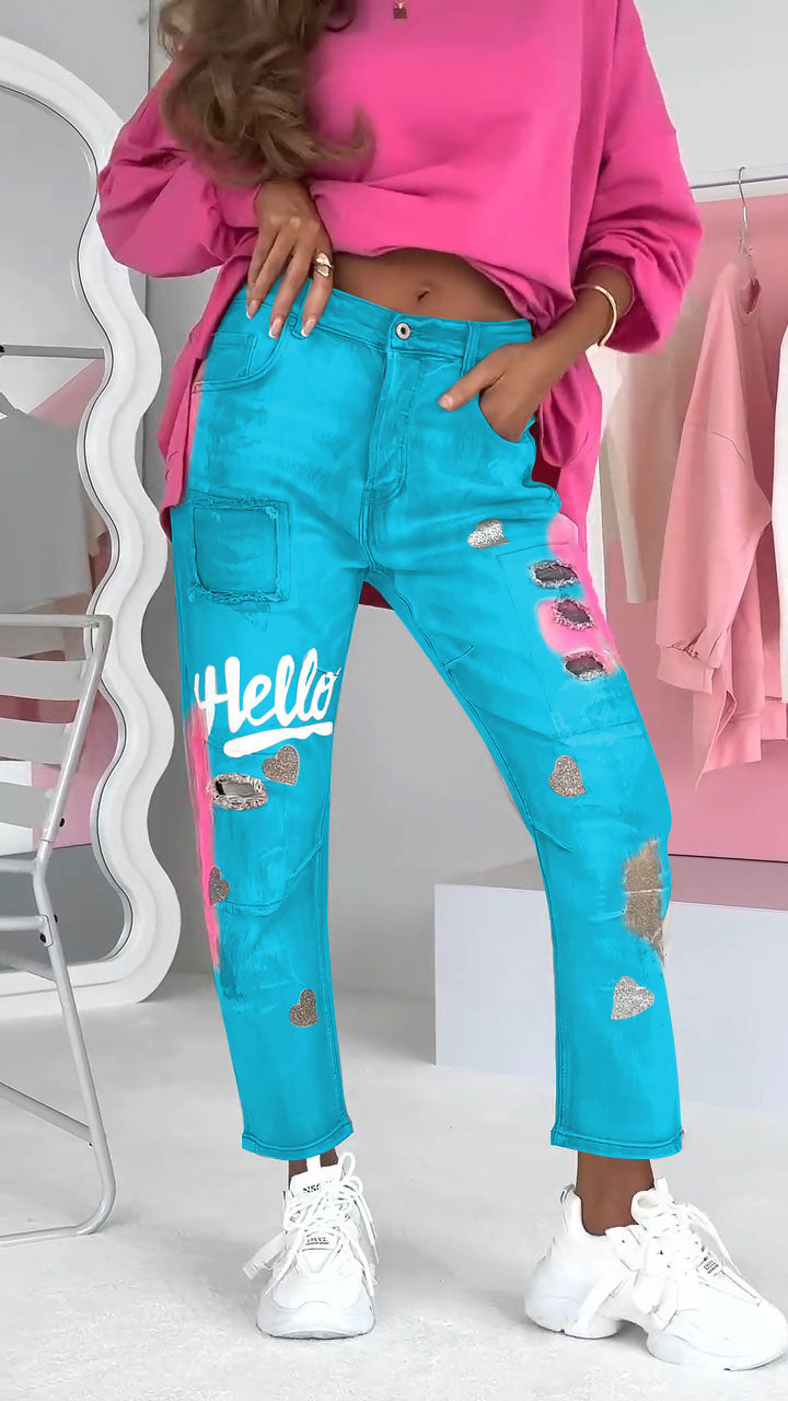 Damesjeans Graffiti Print Trendy Jeans voor Vrouw