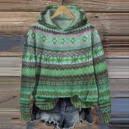 Dames gebreide hoodie met Noors patroon – Zachte warme trui met capuchon