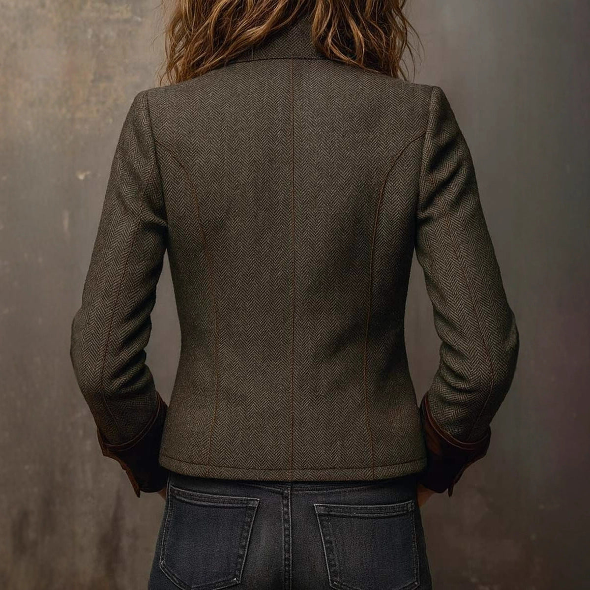 Dames Blazer Vintage Tweed Met Fluweel Details