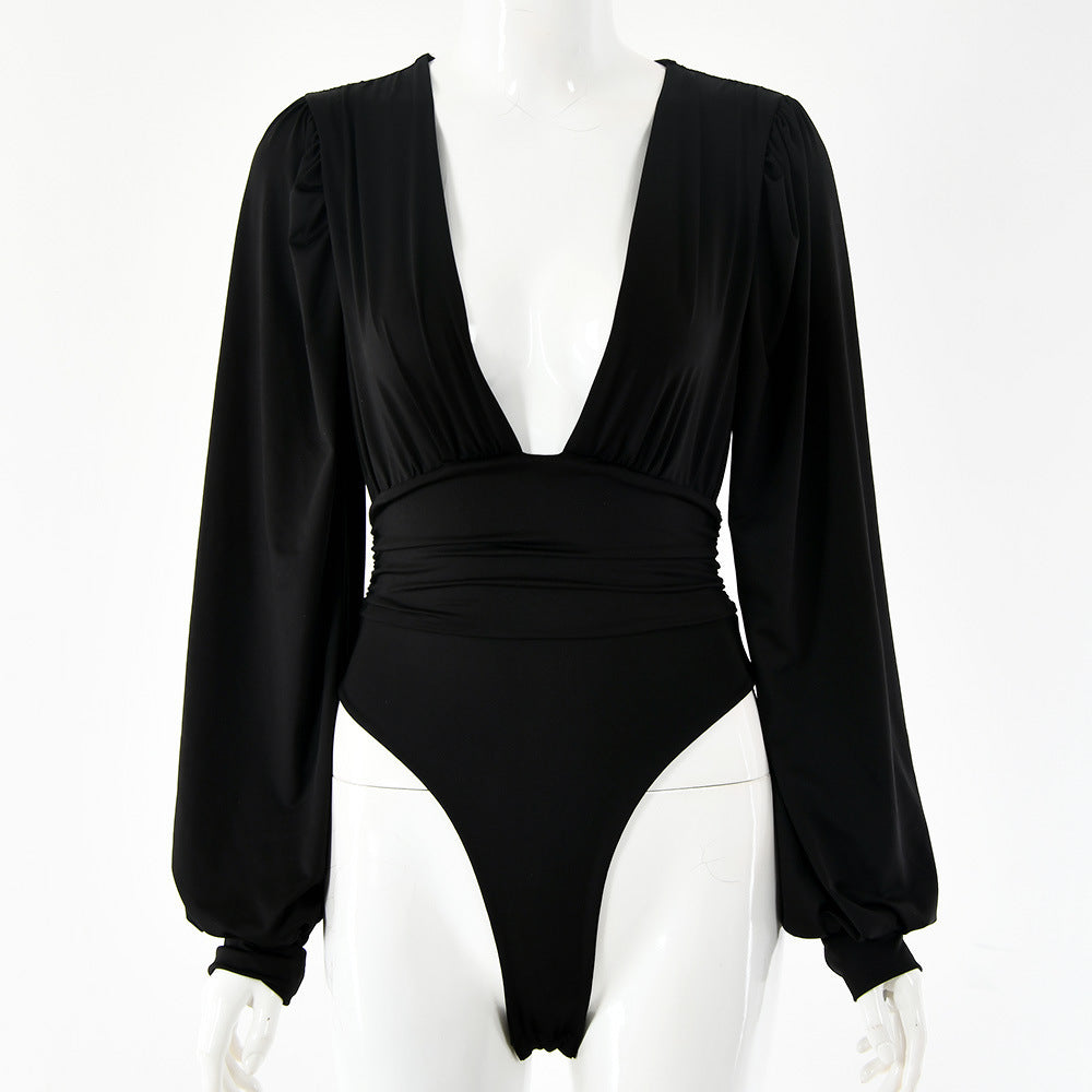 Dames Bodysuit Lange Mouwen Diepe V-hals Zwart Elegant